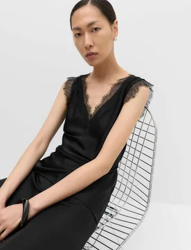 Satin V-Neck Lace Insert Cami Top Black female - M&S - FashionsVida