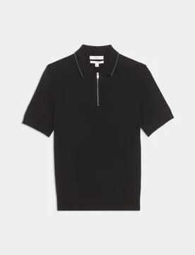 Cotton Rich Half Zip Knitted Polo Shirt Black male - M&S - FashionsVida
