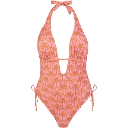 Bañador halter de mujer con estampado palmeras con lurex y atado al cuello