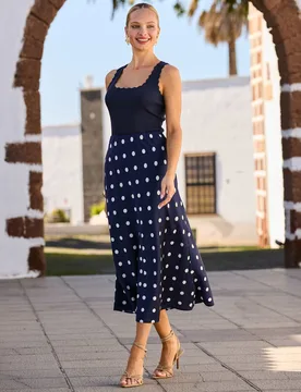 Satin Spot Print Midi A-Line Skirt Navy Mix female - Sosandar - FashionsVida