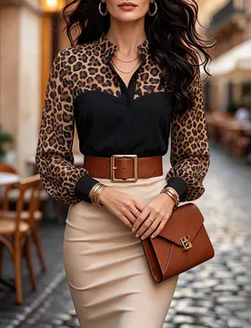 Blusa de mujer con estampado de leopardo, bloques de color, mangas abullonadas y cuello alto, camisa elegante regular, blusa elegante de mujer con pat - Shein - FashionsVida