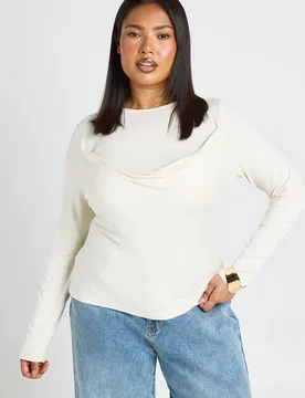Womens Plus Drape Panel Long Sleeve Top - Ecru Viscose - Size 20 Uk - Boohoo - FashionsVida