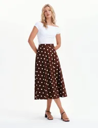 Pure Cotton Polka Dot Midi A-Line Skirt Brown Mix female