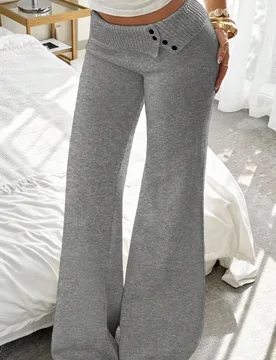 Pantalones de punto casuales de unicolor con cintura plegable y campana para mujer,Gris,Pantalones de chándal cómodos de campana para otoño,Inviern - Shein - FashionsVida