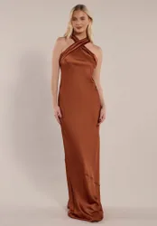 Roma Dress in Cinnamon Satin — Halterneck Maxi Bridesmaid Dress - 8