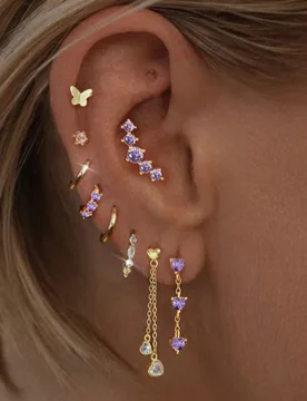 Set de 9 piezas de pendientes y aretes con forma de corazón de zirconia rosa elegante, adecuado para fiesta, vacaciones, cita o boda - Shein - FashionsVida