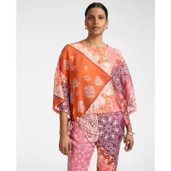 Blusa de mujer de mezcla de liocel estampada ajuste boxy con cierre de cordón ajustable en el bajo