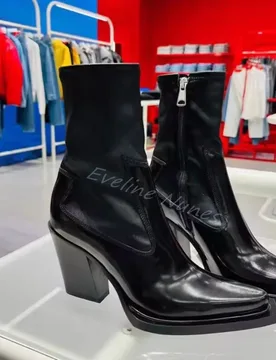 Pointed Toe Thick Heel Elastic Ankle Boots Women Plus Velvet Side Zipper Black Leather Chelsea Boots 2025 New Splicing Boots - Aliexpress - FashionsVida