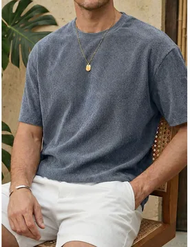 Camiseta de manga corta fina de cuello redondo, corte holgado, minimalista y casual de moda de verano para hombres, camiseta azul niebla XXL - Shein - FashionsVida