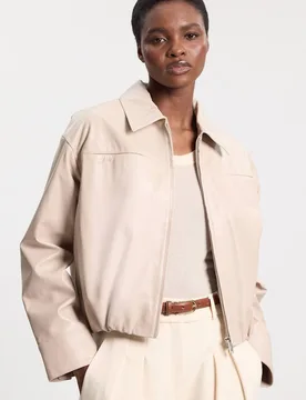 Women's Leather Collared Bomber Jacket in Cream Size: 12 - Cream - Size: 12 - Karen millen - FashionsVida