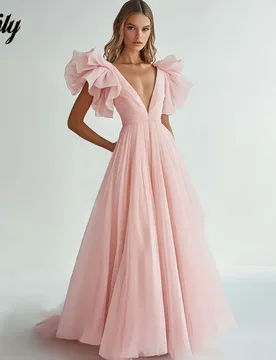 Lily Pink V-Neck Layer Evening Gown with Pleats Tank Night Dress Satin A-Line Simple Prom Dress Tulle robes de soirée Customized - Aliexpress - FashionsVida