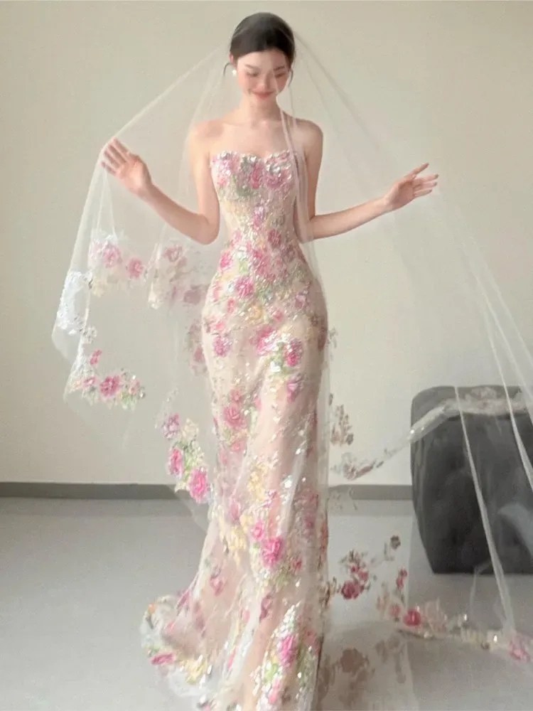 Strapless toasting style fishtail dress a light luxury and niche host - Aliexpress - FashionsVida