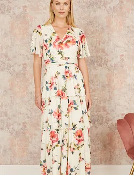 Women's Ivory Floral Mesh Tiered Maxi Dress Size: 14 - Ivory - Size: 14 - Yumi - FashionsVida