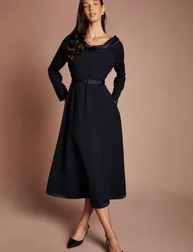 Women's Roll Neck Long Sleeve Crepe Belted Midi Dress in Navy Size: 10 - Navy - Size: 10 - Coast - FashionsVida