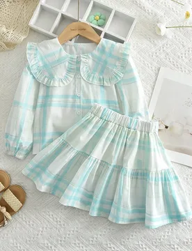 Set de 2 piezas con blusa de manga abullonada con estampado de moño + falda para niña 2-3Y - Shein - FashionsVida
