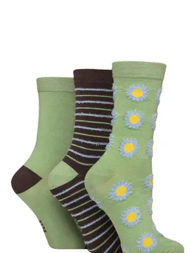 Women's 3 Pair Spotty and Stripe Feather Bamboo Socks Aster 4-8 - Green - Size: Small - ELLE - FashionsVida