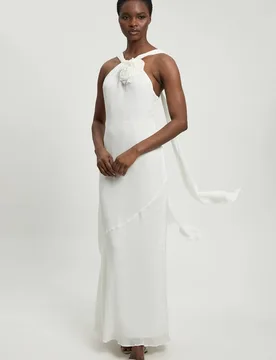 Women's Viscose Georgette Rosette Ruffle Halterneck Maxi Dress in Ivory Size: 10 - Ivory - Size: 10 - Karen millen - FashionsVida