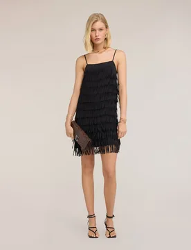 Vestido corto en georgette con flecos tirantes finos ajustables escote cuadrado - Motivi - FashionsVida