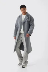 Mens Oversized Double Breasted Trench Overcoat In Grey - Size Medium