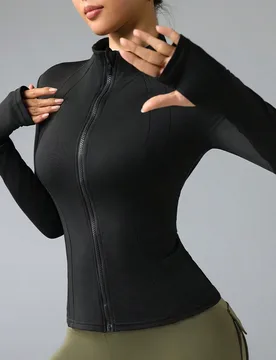 Chaqueta con cremallera, cuello alto y ajuste ceñido para mujer, ropa deportiva diaria con ojales para el pulgar, adecuada para fitness, correr, yoga - Shein - FashionsVida