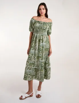 Scoop Neck Paisley Midi Dress - XL / GREEN - female - Blue Vanilla - FashionsVida