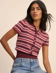 Striped Polo Neck Waisted Knitted Top Multi female