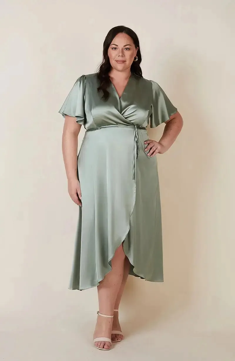 Florence Waterfall Dress in Sage Green Satin - 22 - Rewritten - FashionsVida