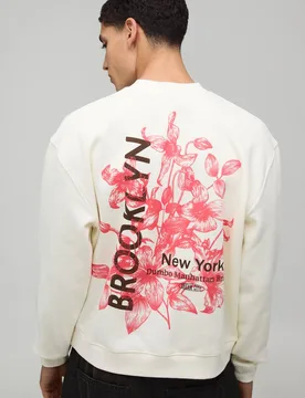 Herren Schwarzes Übergroßes Kastenförmiges Brooklyn Blumendruck Verlängerter Ausschnitt Sweatshirt Ecru Größe Medium - boohooMAN - FashionsVida