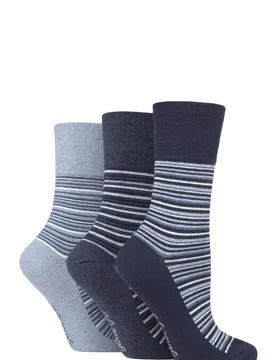 Women's 3 Pair Cotton Patterned and Striped Socks Varied Stripe Navy / Denim 4-8 Ladies - Blue - Size: Small - Gentle Grip - FashionsVida