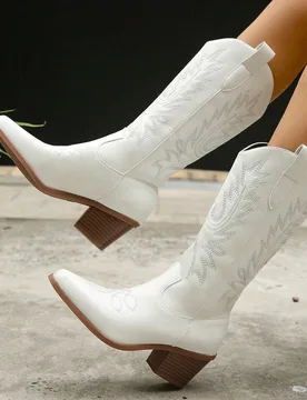 Botas vaqueras de tacón grueso con corte en V, bordadas, de tacón medio, para mujer, para uso en exteriores, fiestas, estilo western, regalos de inv - Shein - FashionsVida