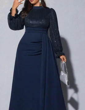 Vestido de manga larga con volantes en la cintura y adornos de lentejuelas para mujer de talla grande, adecuado para banquetes, fiestas, invitados de - Shein - FashionsVida