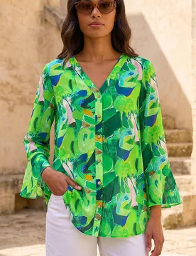 Women's Abstract Print Flared Blouse in Green Size: 10 - Green - Size: 10 - Roman - FashionsVida