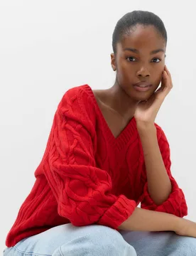 V Neck Cable Knit Relaxed Jumper Bright Red female - M&S - FashionsVida