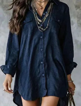 Vestido camisa de manga larga azul oscuro de poliéster con botones para mujer talla grande, cuello de solapa, diseño de bajo asimétrico, con bolsil - Shein - FashionsVida