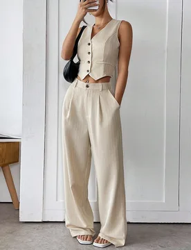 Conjunto de chaleco y pantalones a rayas de verano, traje casual de vacaciones para otoño/invierno M - Shein - FashionsVida