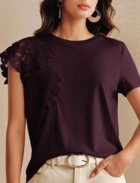 Nueva camiseta de mujer de verano minimalista de alta gama elegante de moda casual para ir al trabajo con patchwork de encaje floral y manga asimétri - Shein - FashionsVida