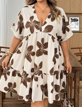 Vestido casual bohemio para mujer talla grande con escote en V profundo y estampado floral, beige, otoño invierno 2026 22W 7XL - Shein - FashionsVida