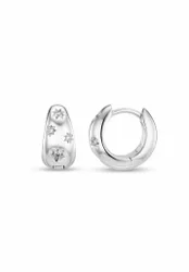 Tapered Crystal Starburst Huggie Hoop Earrings - Silver