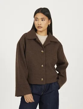 Womens Chocolate Short Collared Jacket - Size 16 Uk - Brave soul - FashionsVida