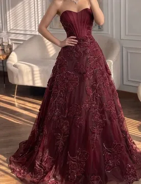 Customized Intricate Luxury Burgundy Handmade Flower Sequined Beading A-line Sweetheart Floor-Length Evening Dresses - Aliexpress - FashionsVida
