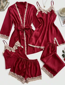 Conjunto de 5 piezas con decoración de ribete de color contrastante: top de camisola de seda sintética, shorts, pantalones, bata con cinturón y ves - Shein - FashionsVida