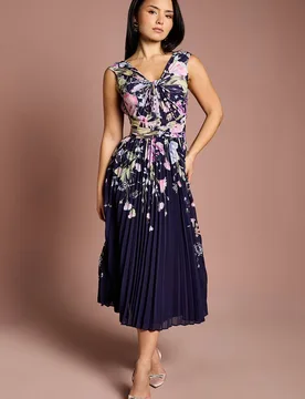 Women's Petite Placement Print Pleated V Neck Midi Dress in Navy Size: 8 - Navy - Size: 8 - Coast - FashionsVida