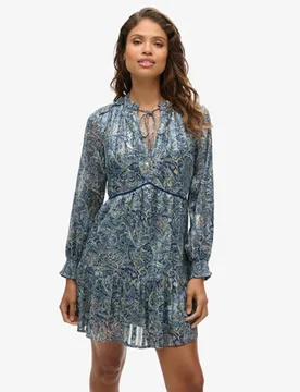 Superdry Damen Bedrucktes, Langärmeliges Minikleid in Metallic-optik Blau - Größe: 36 - 74.99 - FashionsVida