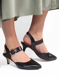 Leather Buckle Kitten Heel Court Shoes Black female