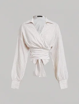 Camisa de manga larga asimétrica envuelta con diseño de rayas blancas y caqui, con diseño cruzado y lazo en la espalda, conjunto de atuendo de muje - Shein - FashionsVida