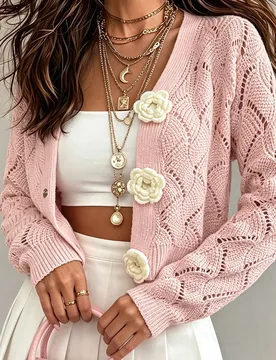 Cárdigan regular de mujer con flores 3D, cárdigan rosa, conjunto de cárdigan, cárdigan lindo, cárdigan para chica M - Shein - FashionsVida