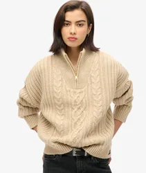Superdry Damen Pullover mit Zopfmuster und Reißverschluss am Kragen Beige - Größe: 40