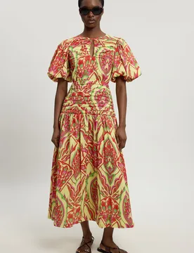 Womens Double Cloth Abstract Print Balloon Sleeve Midi Dress - Multicolour Cotton - Size 18 Uk - Karen millen - FashionsVida
