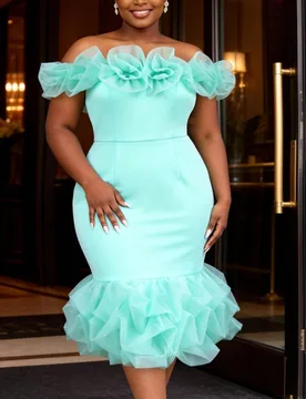 Vestido de Sirena Elegante para Mujer Talla Grande Verde Menta con Hombros Descubiertos, Volantes, Patchwork de Malla, Flores 3D, Ajustado, para Noche - Shein - FashionsVida