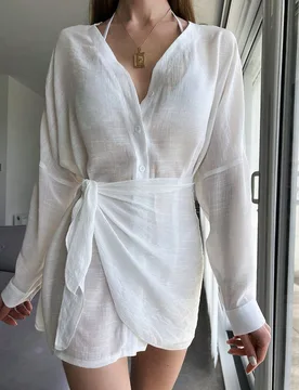 Vestido casual para cubrirse en la playa en verano para mujeres con mangas largas y correas atadas S - Shein - FashionsVida